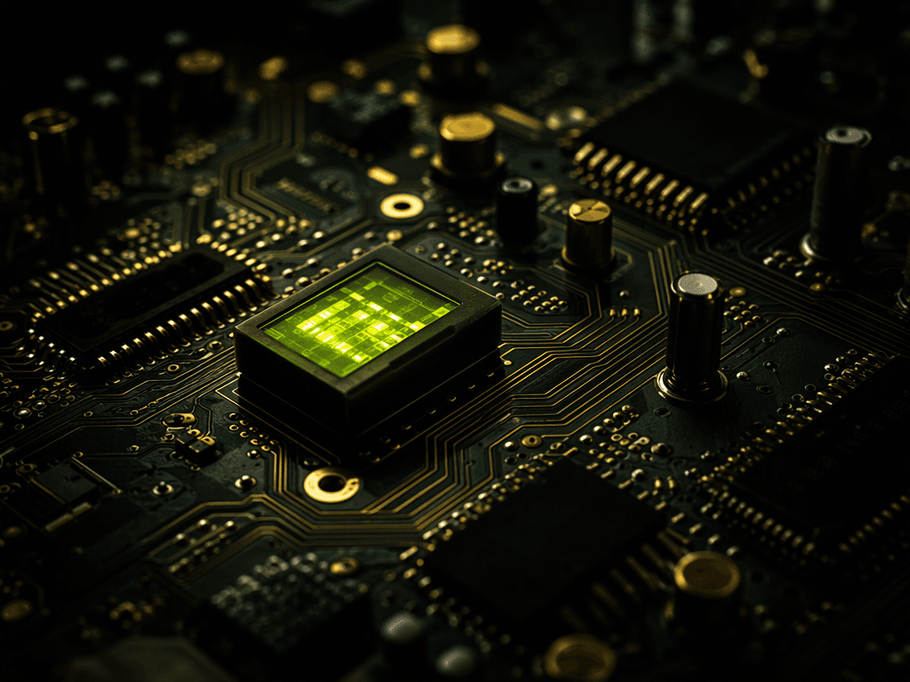 Macro view of a circuit board with gold traces and components