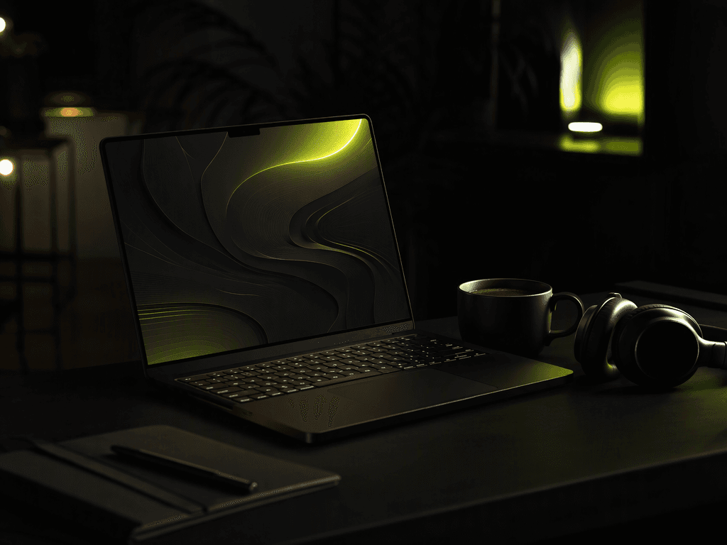 A dark desk at night with a laptop, coffee cup, and headphones