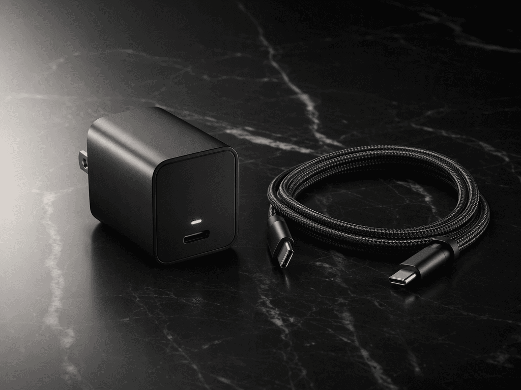 A compact matte black GaN charger with a coiled braided cable on dark marble
