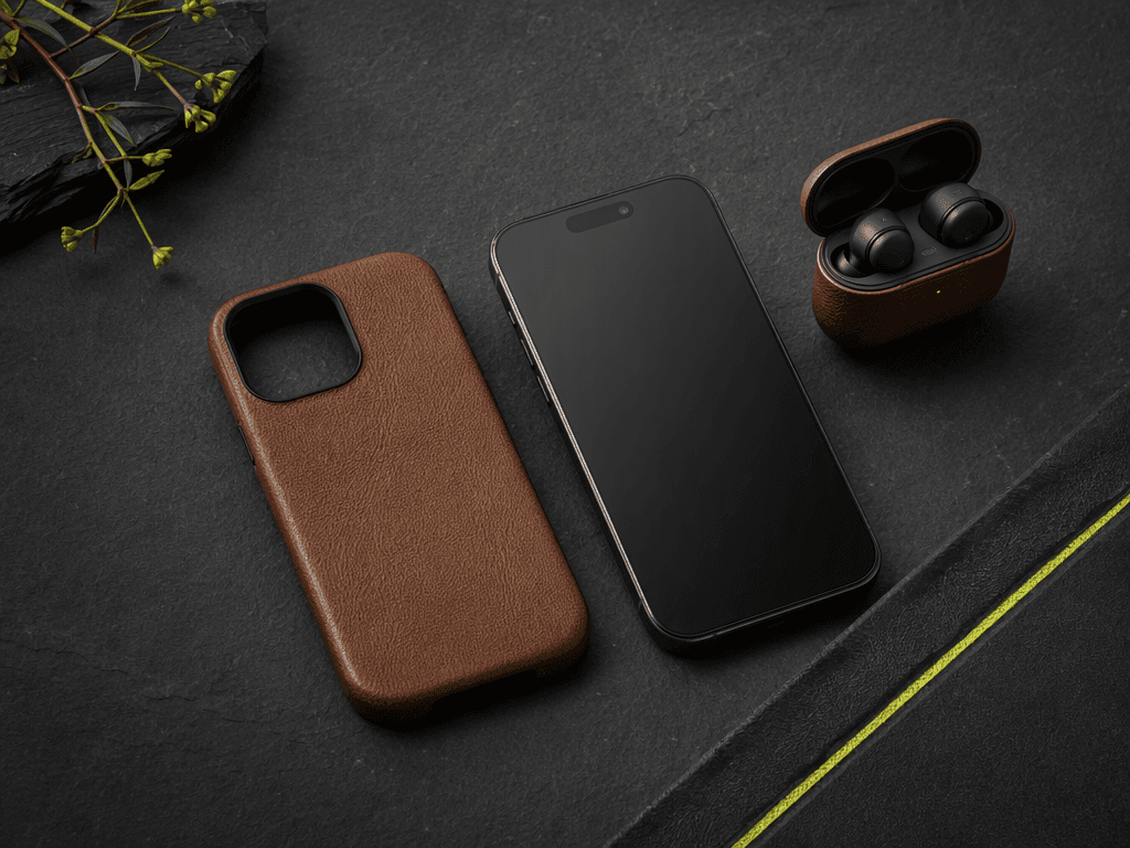 A tan leather phone case, smartphone, and wireless earbuds laid out on dark stone