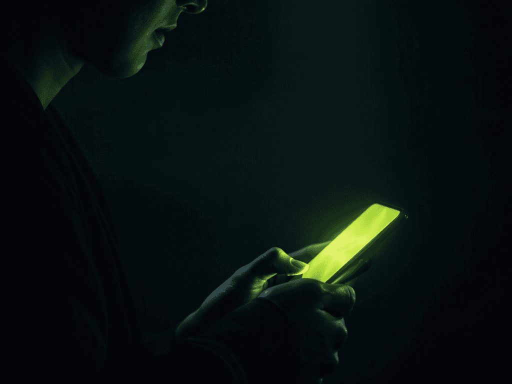Hands holding a glowing phone in a dark room, silhouetted against the screen light