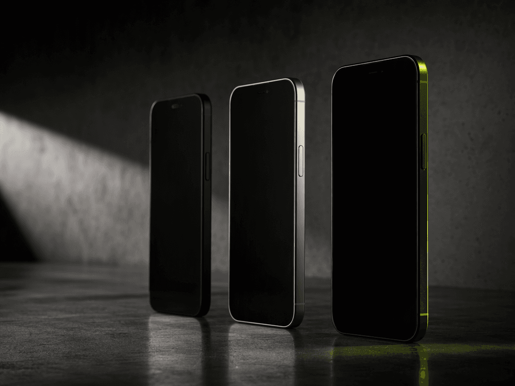 Three smartphones standing upright in a row on polished dark concrete