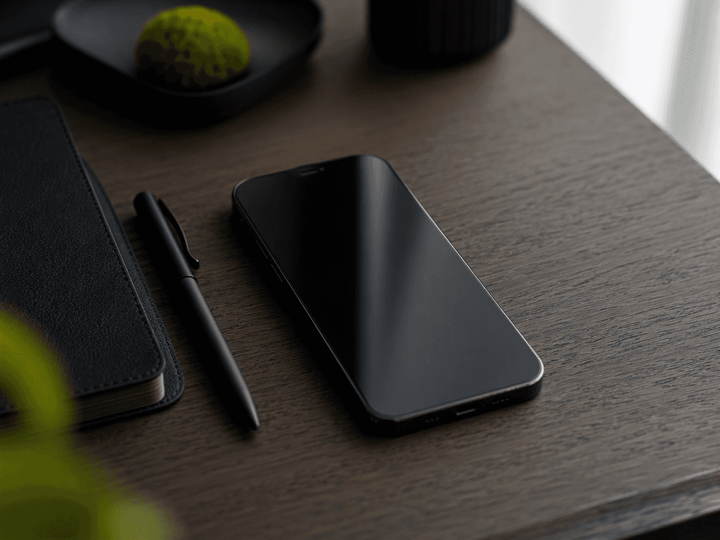 A smartphone beside a black leather notebook and pen on a dark walnut desk