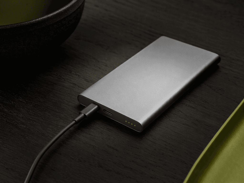 A slim aluminium power bank with glowing LED indicators on dark oak