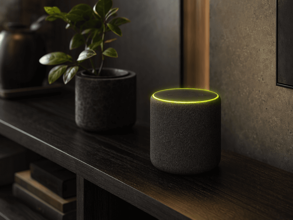 A fabric-wrapped smart speaker with a glowing LED ring on a dark wooden shelf