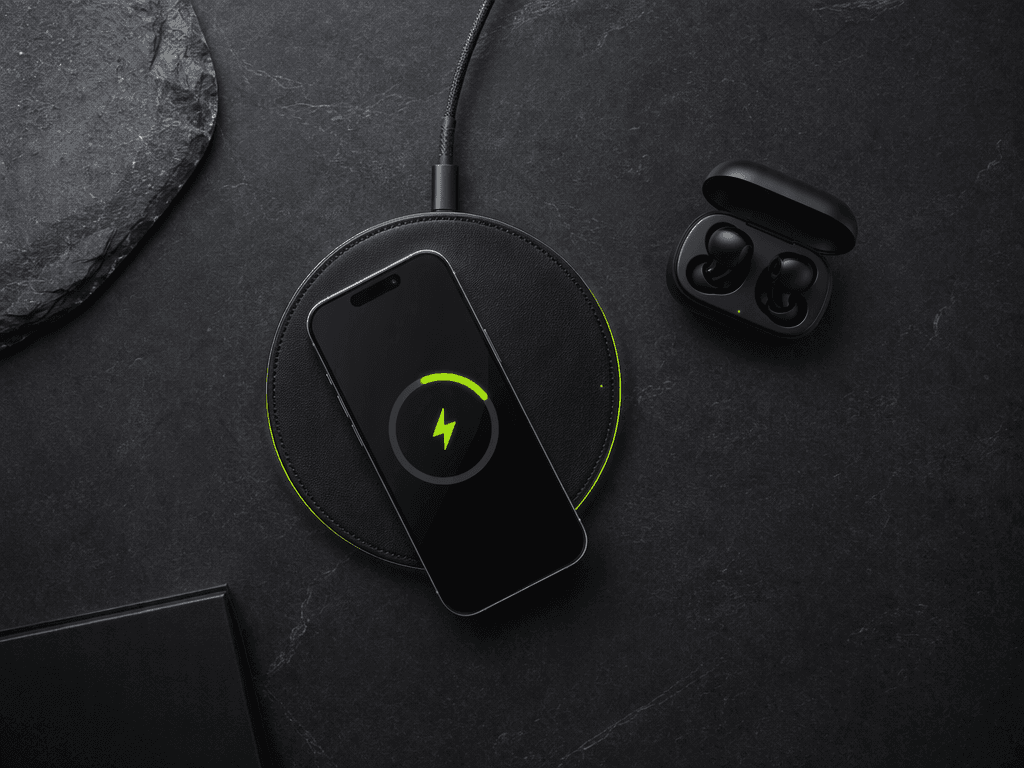 A smartphone and earbuds case on a black leather wireless charging pad